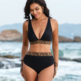 V Neck Patchwork Drawstring Side Bikini Set