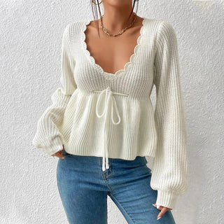 Solid Color V Neck Ruffled Hem Knit Sweater