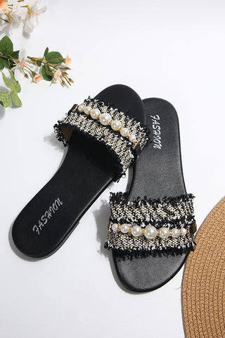 Fashion Pearl Decoration Flat Slide Sandals