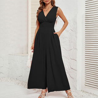 V Neck Solid Pocket Cinched Waist Jumpsuit