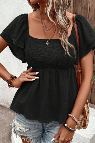 Solid Color Smocked Layered Sleeves Casual Top