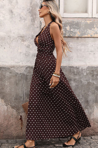 Deep V Neck Dots Print Retro Halter Neck Dress