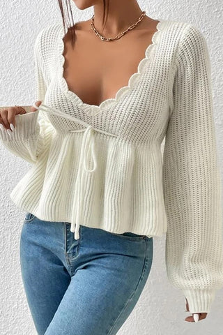 Solid Color V Neck Ruffled Hem Knit Sweater