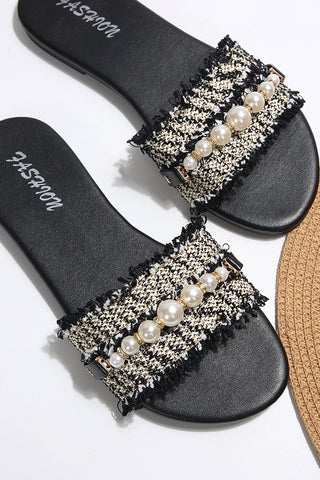 Fashion Pearl Decoration Flat Slide Sandals