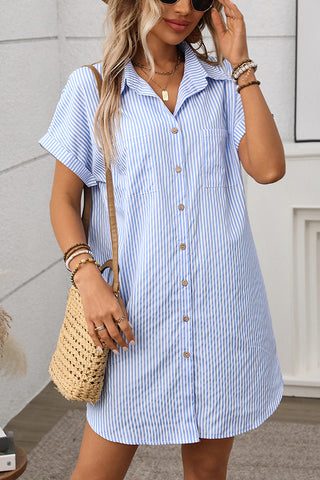 Stripe Print Lapel Short Sleeve Shirt Dress