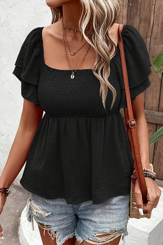 Solid Color Smocked Layered Sleeves Casual Top