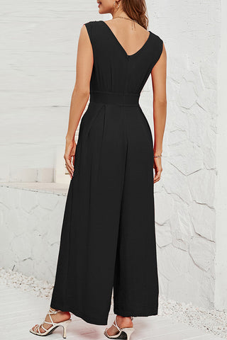 V Neck Solid Pocket Cinched Waist Jumpsuit