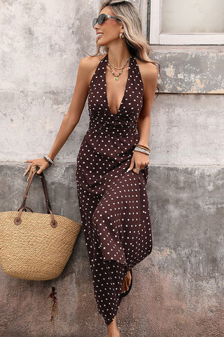 Deep V Neck Dots Print Retro Halter Neck Dress