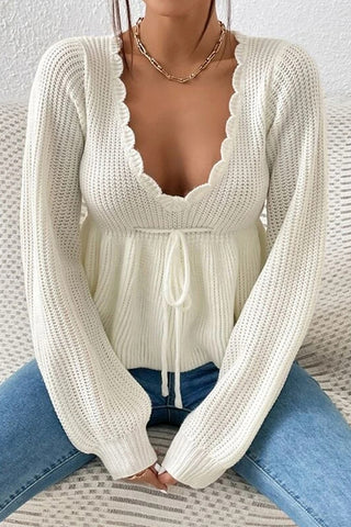 Solid Color V Neck Ruffled Hem Knit Sweater