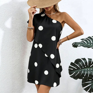 Dots Print One Shoulder Ruffle Hem Dress