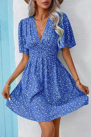 Floral Print V Neck High Waisted Dress