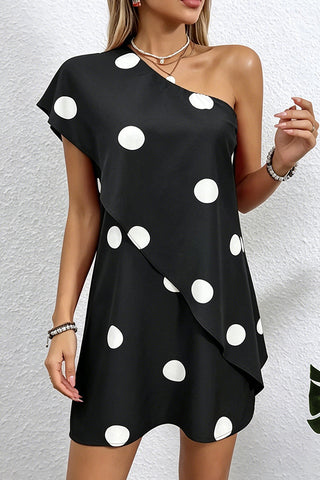Dots Print One Shoulder Ruffle Hem Dress