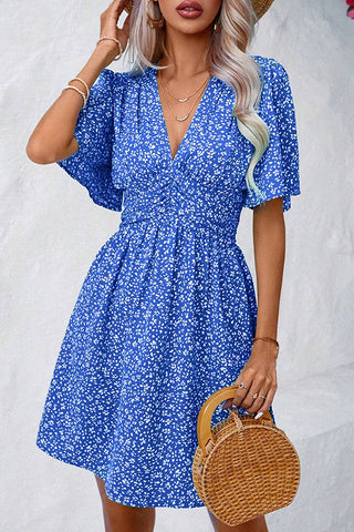 Floral Print V Neck High Waisted Dress