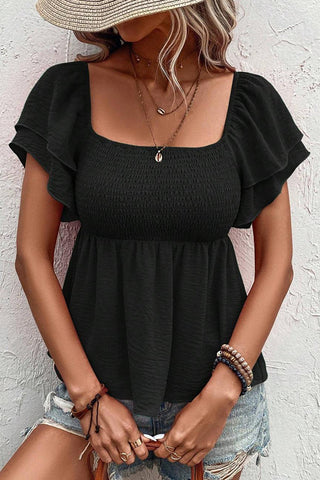 Solid Color Smocked Layered Sleeves Casual Top