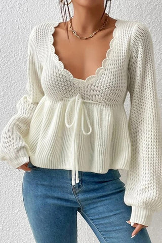 Solid Color V Neck Ruffled Hem Knit Sweater