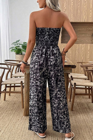 Leopard Print Smocked Bandeau Casual Jumpsuit