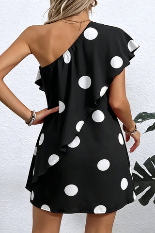 Dots Print One Shoulder Ruffle Hem Dress