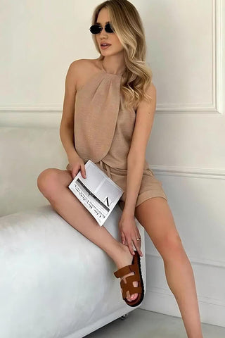 Fashion Halter Neck Solid Color Two Piece Set