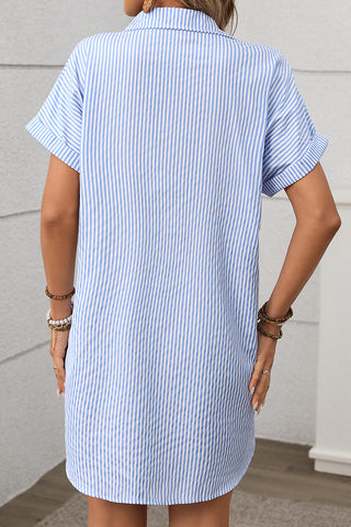Stripe Print Lapel Short Sleeve Shirt Dress