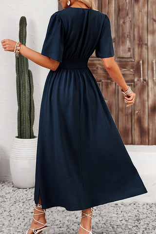 V Neck Solid Color Slit Design Dress
