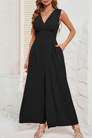 V Neck Solid Pocket Cinched Waist Jumpsuit