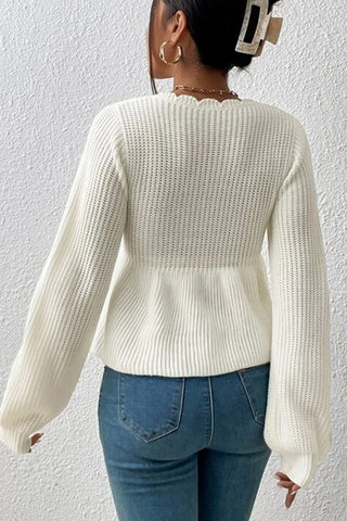 Solid Color V Neck Ruffled Hem Knit Sweater