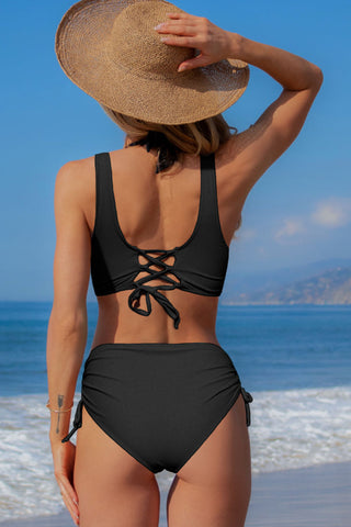 Black Twist Front Drawstring Side Bikini Set