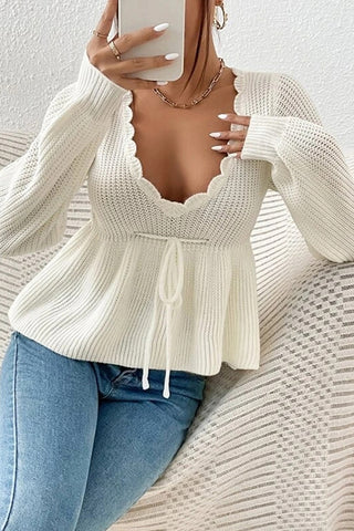 Solid Color V Neck Ruffled Hem Knit Sweater