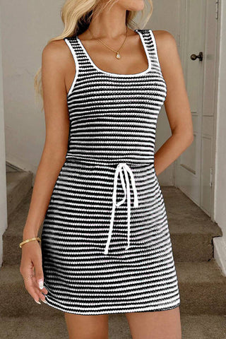 Fashion Drawstring Stripe Print Mini Dress