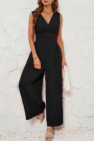 V Neck Solid Pocket Cinched Waist Jumpsuit