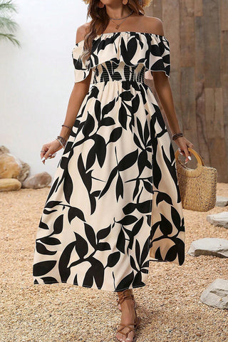 Off The Shoulder Leaf Print Smocked Waist Casual Dress