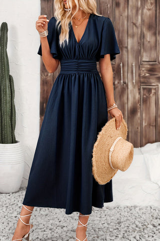 V Neck Solid Color Slit Design Dress