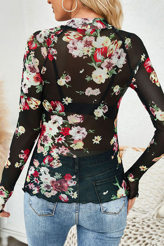 Long Sleeve Mesh Floral Print Casual Tops
