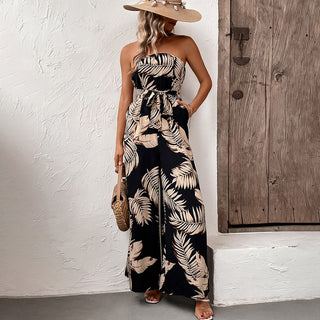 Leaf Print Bandeau Tie Waist Jumpsuit