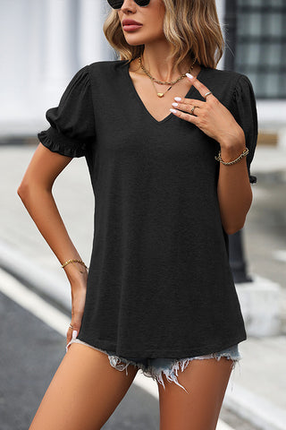 Solid Color V Neck Puff Sleeve Casual Tops