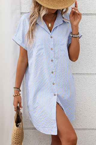 Stripe Print Lapel Short Sleeve Shirt Dress