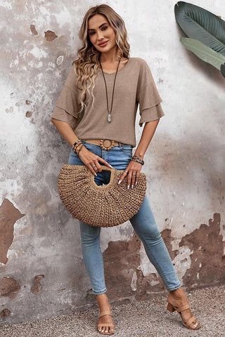 Solid Color Layered Sleeve Causal Tops