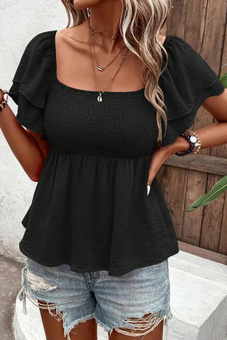 Solid Color Smocked Layered Sleeves Casual Top