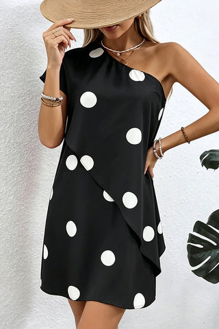 Dots Print One Shoulder Ruffle Hem Dress