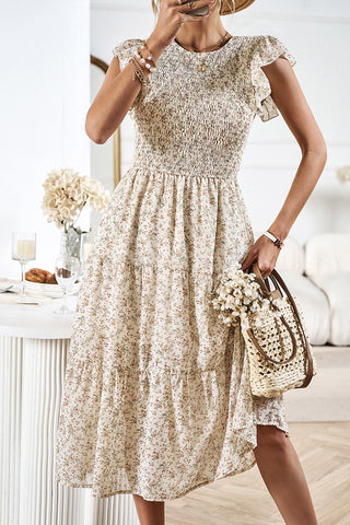 Floral Print Smocked Round Neck Casual Dress