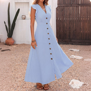 V Neck Stripe Print Ruffle Sleeves Dress