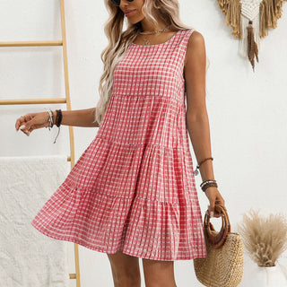 Resort Style Plaid Print Round Neck Casual Dress