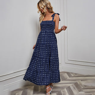 Fashion Printed Tie Shoulder Smocked Dress