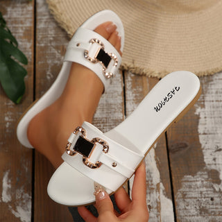 Fashion Metal Decoration Flat Slide Sandals