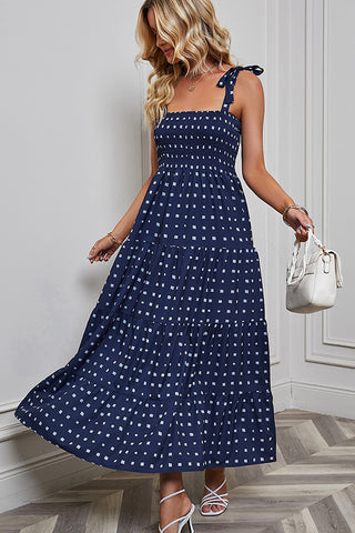Fashion Printed Tie Shoulder Smocked Dress