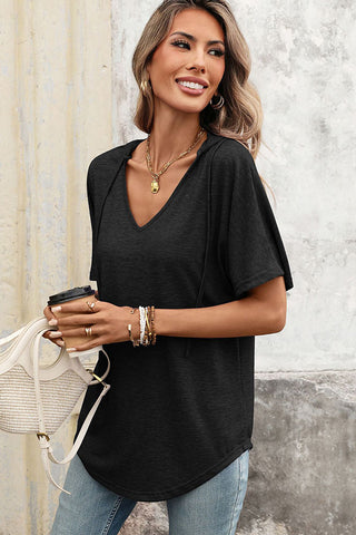 Solid Color V Neck Hooded Casual Tops
