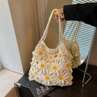 Fashion Color Block Flower Design Weave Bag