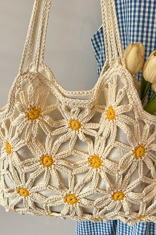 Fashion Color Block Flower Design Weave Bag