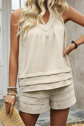 Solid Color V Neck Sleeveless Two Piece Set