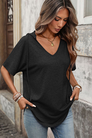 Solid Color V Neck Hooded Casual Tops